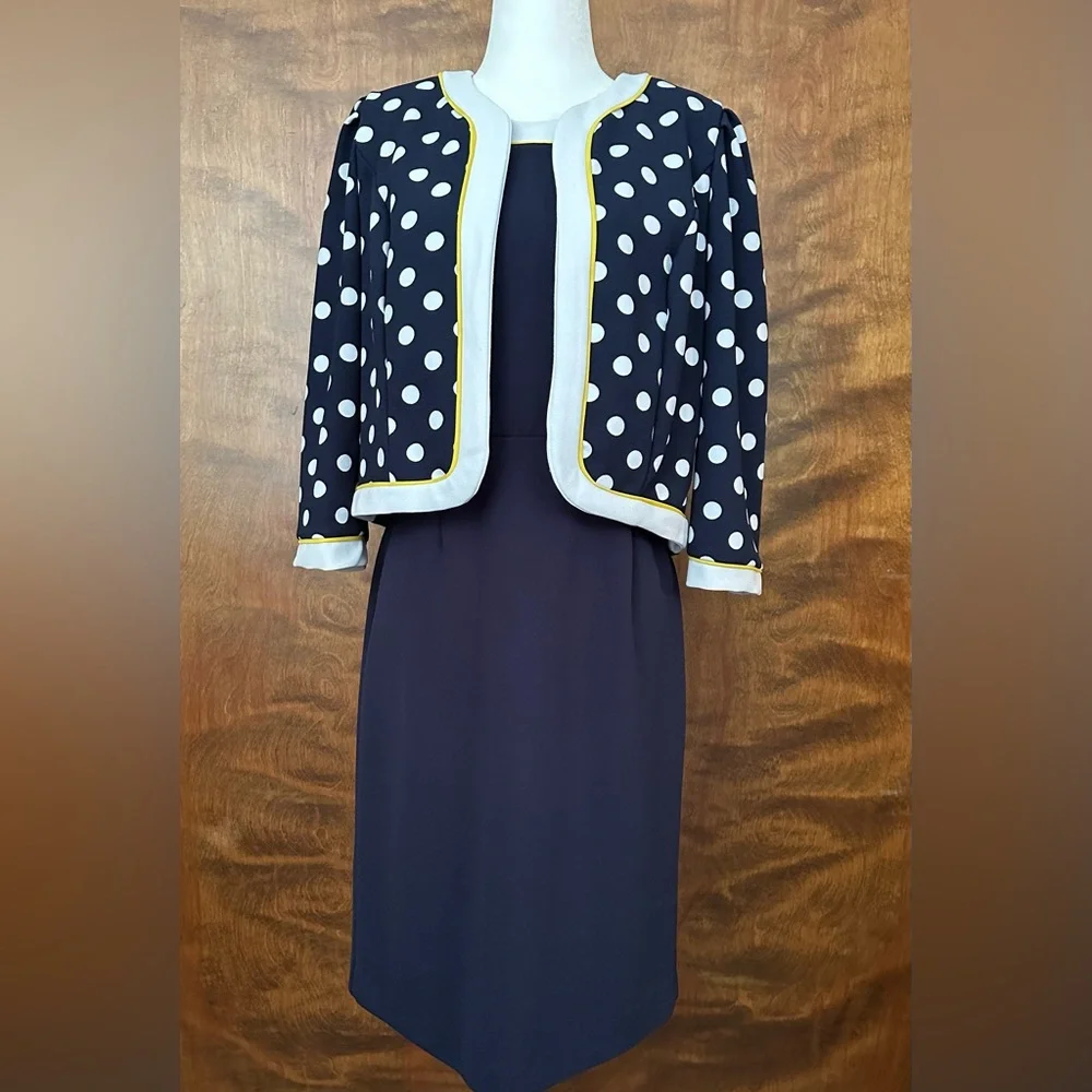 Nicolette Sheath Dress & Jacket Set Womens 8 Navy & White Polka Dots Formal EUC